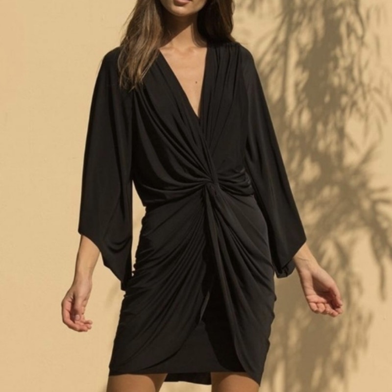 Misa Los Angeles Teget 3/4 Bell Sleeve Draped Sheath Black Dress Women's Small